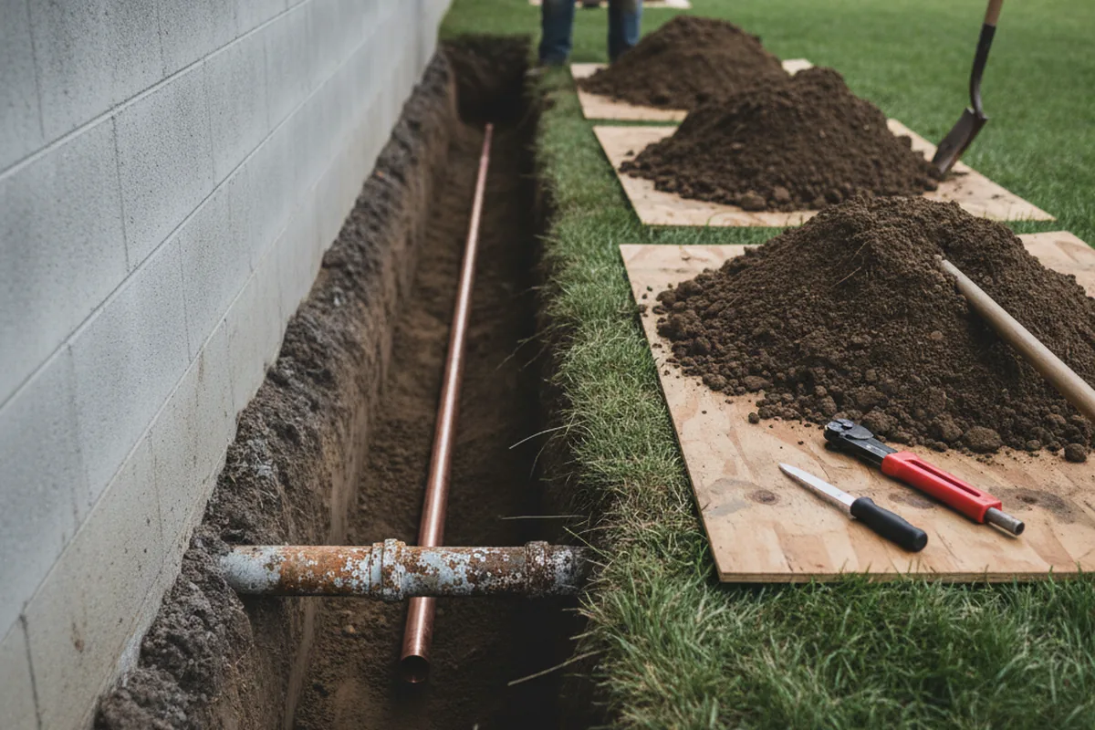Excavated water line trench during Water Softener Installation in Camino